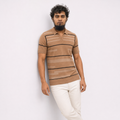 Men’s Premium Old Money Buttonless Knit Polo – Camel Geometric Stripe