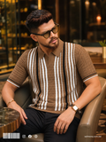 Velmora Luxury Heritage Old Money Knit Polo Shirt – Brown Stripe Edition