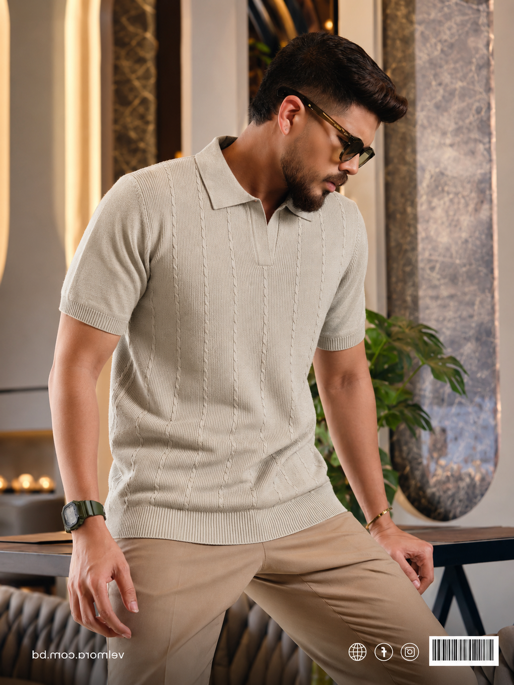 Velmora Premium Heritage Knit Polo Shirt – Sand Beige Edition