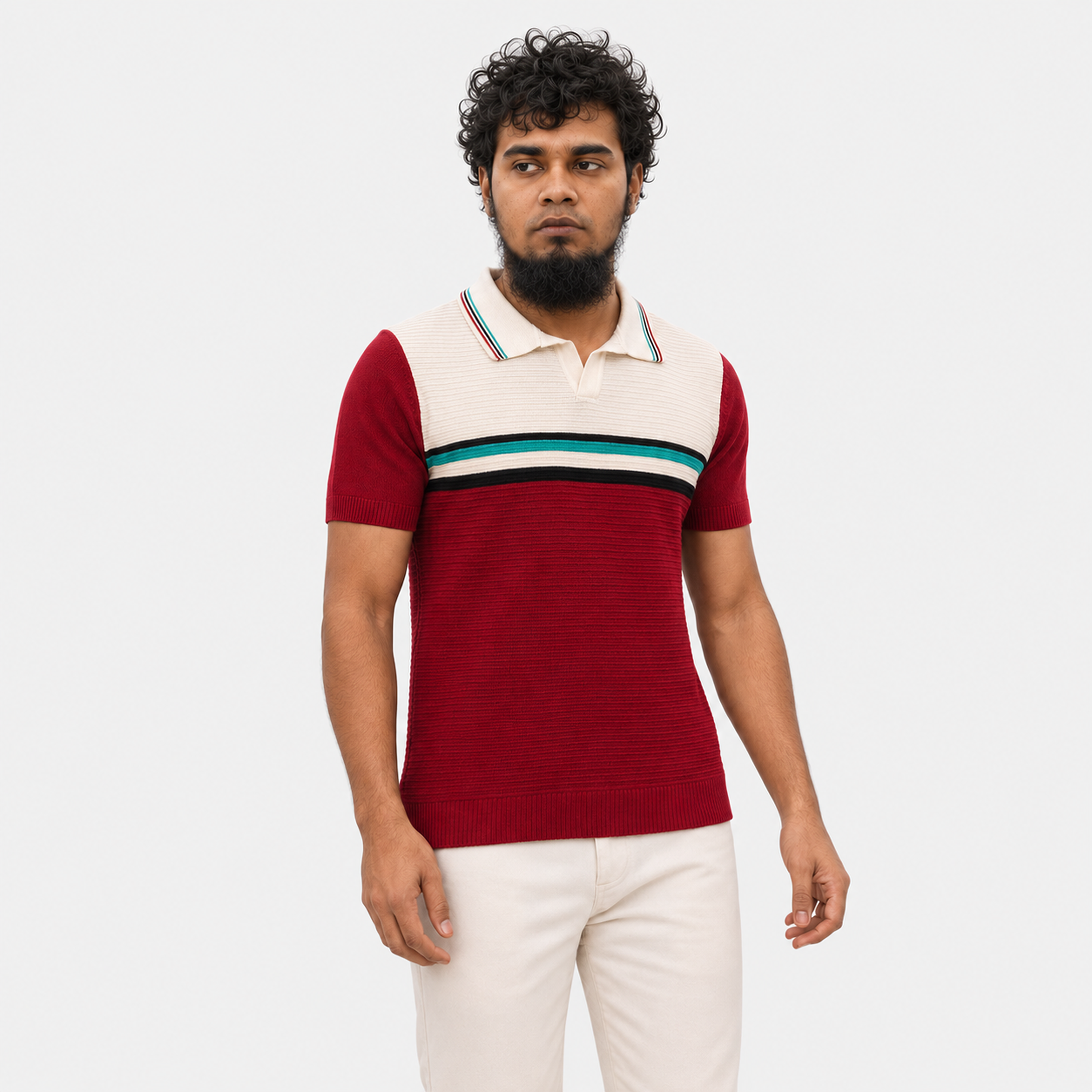 Men’s Premium Old Money Buttonless Knit Polo – Burgundy Ivory Stripe