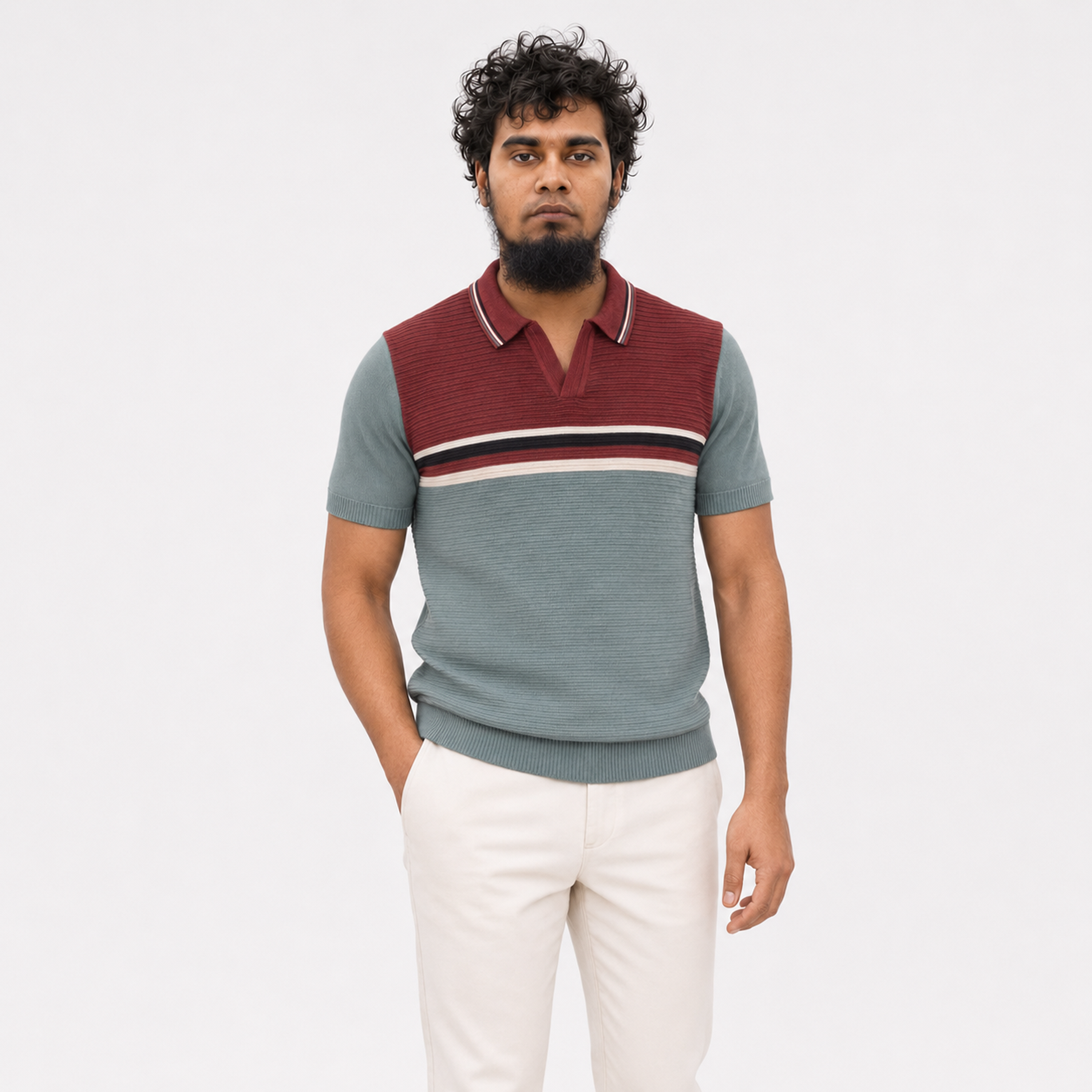 Men’s Premium Old Money Buttonless Knit Polo – Steel Blue Burgundy Stripe