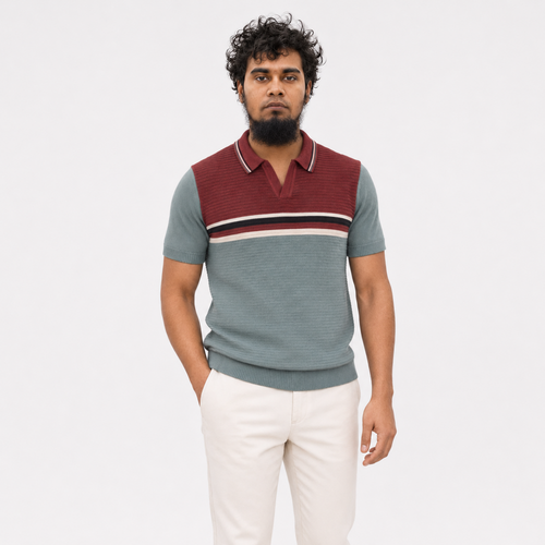 Men’s Premium Old Money Buttonless Knit Polo – Steel Blue Burgundy Stripe