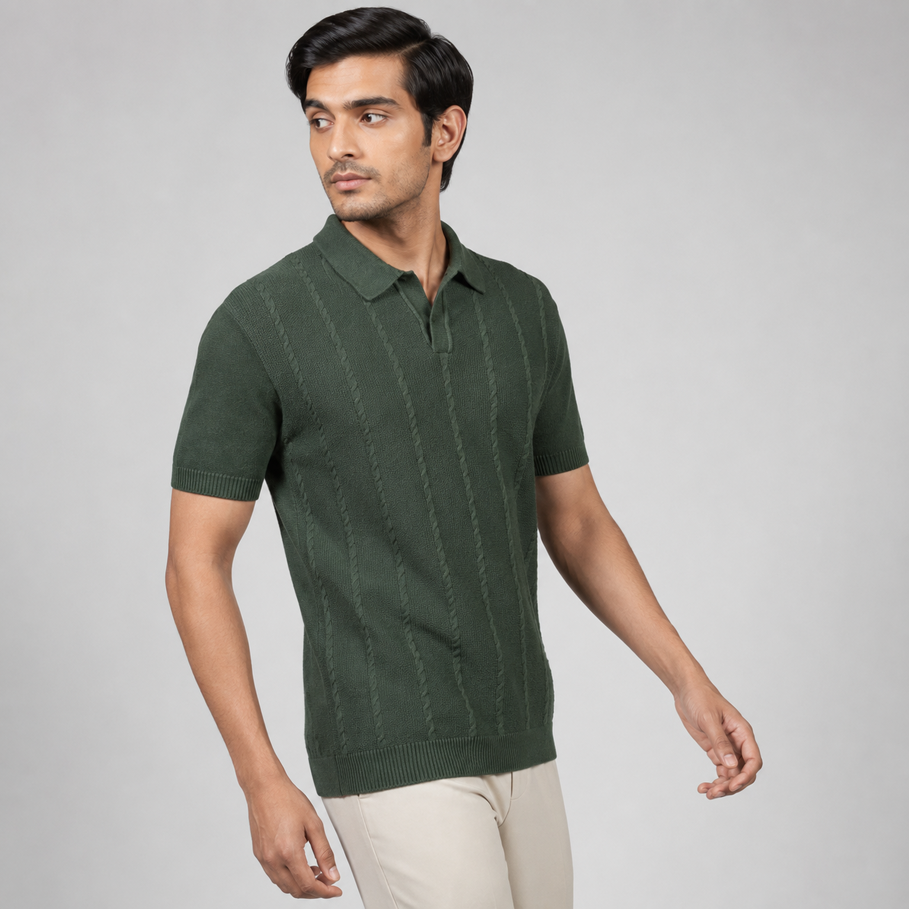 Men’s Premium Old Money Cable Knit Polo Shirt – Forest Green
