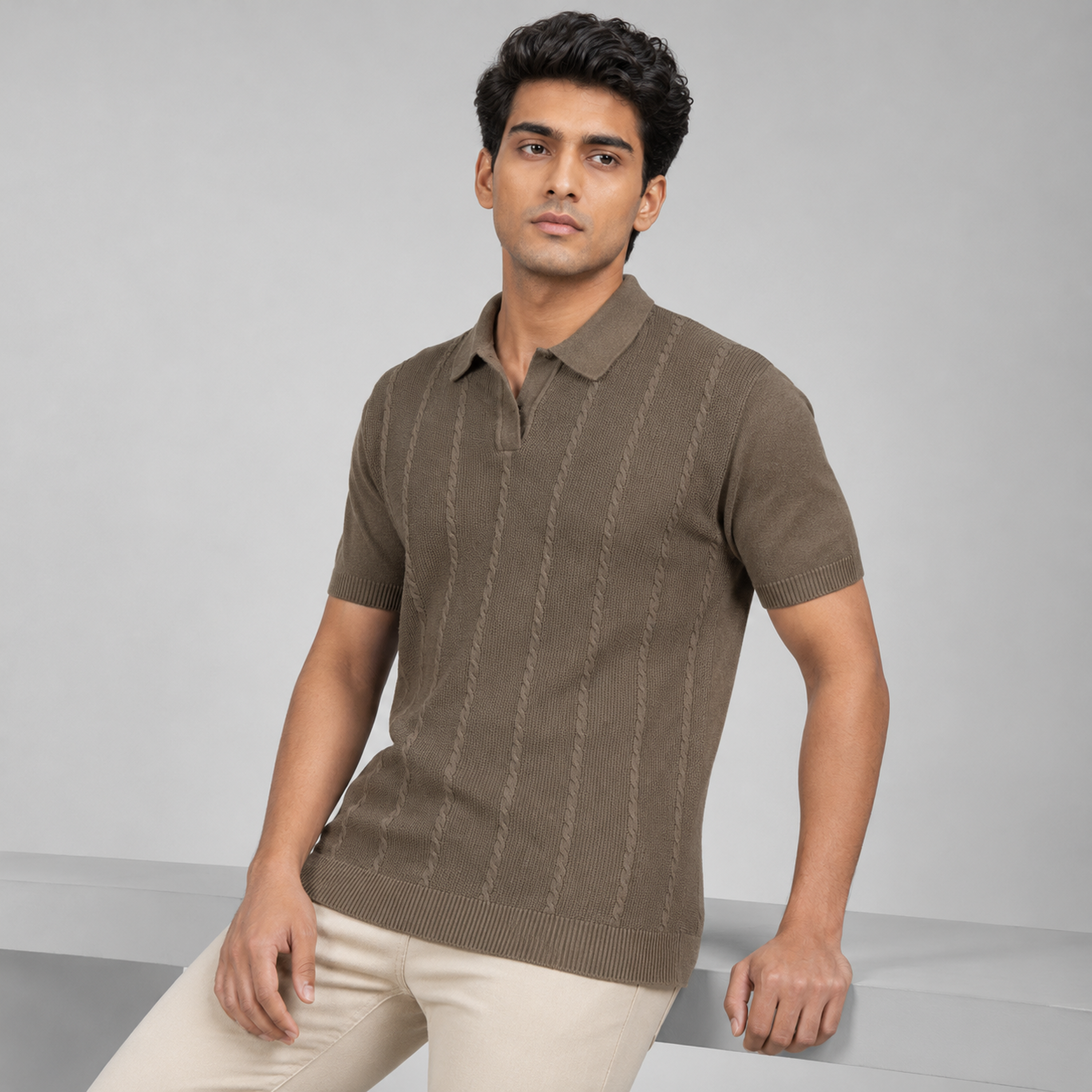Men’s Premium Old Money Cable Knit Polo Shirt – Mocha Taupe
