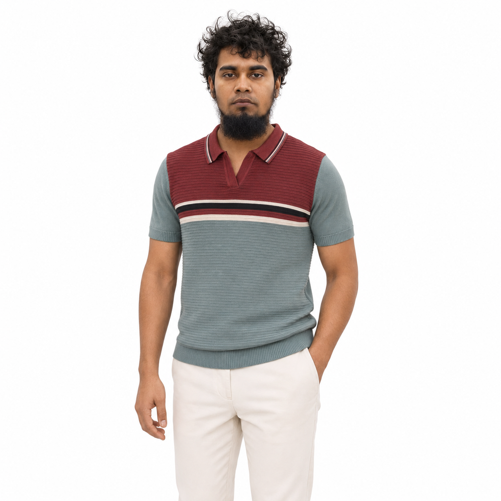 Men’s Premium Old Money Buttonless Knit Polo – Steel Blue Burgundy Stripe
