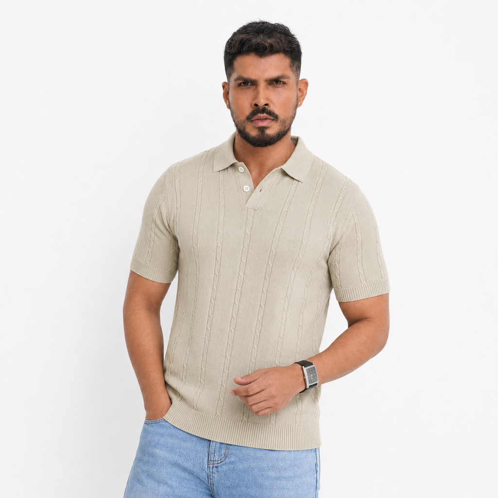 Men’s Premium Old Money Knit Polo Shirt – Soft Sand Beige