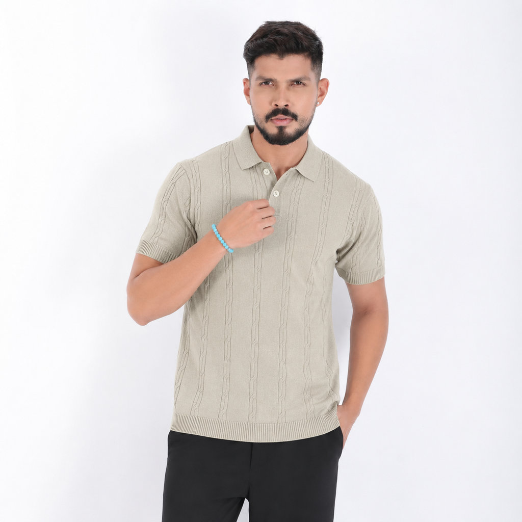 Men’s Premium Old Money Knit Polo Shirt – Soft Sand Beige