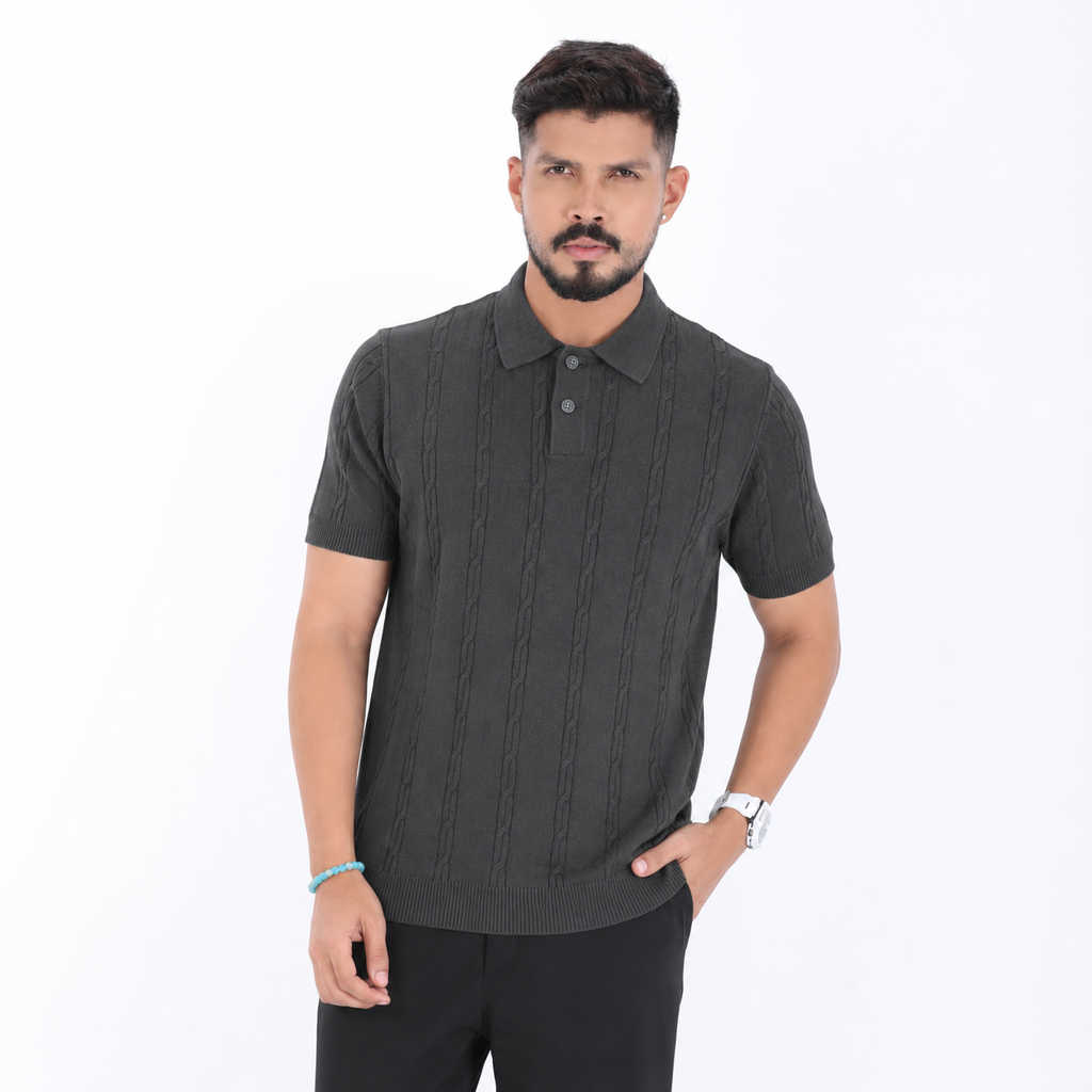 Men’s Premium Old Money Knit Polo Shirt – Charcoal Grey