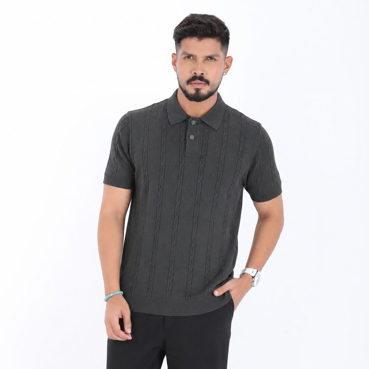 Men’s Premium Old Money Knit Polo Shirt – Charcoal Grey