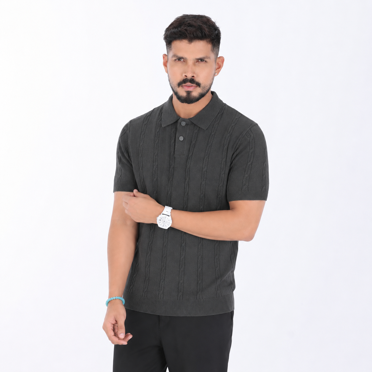 Men’s Premium Old Money Knit Polo Shirt – Charcoal Grey