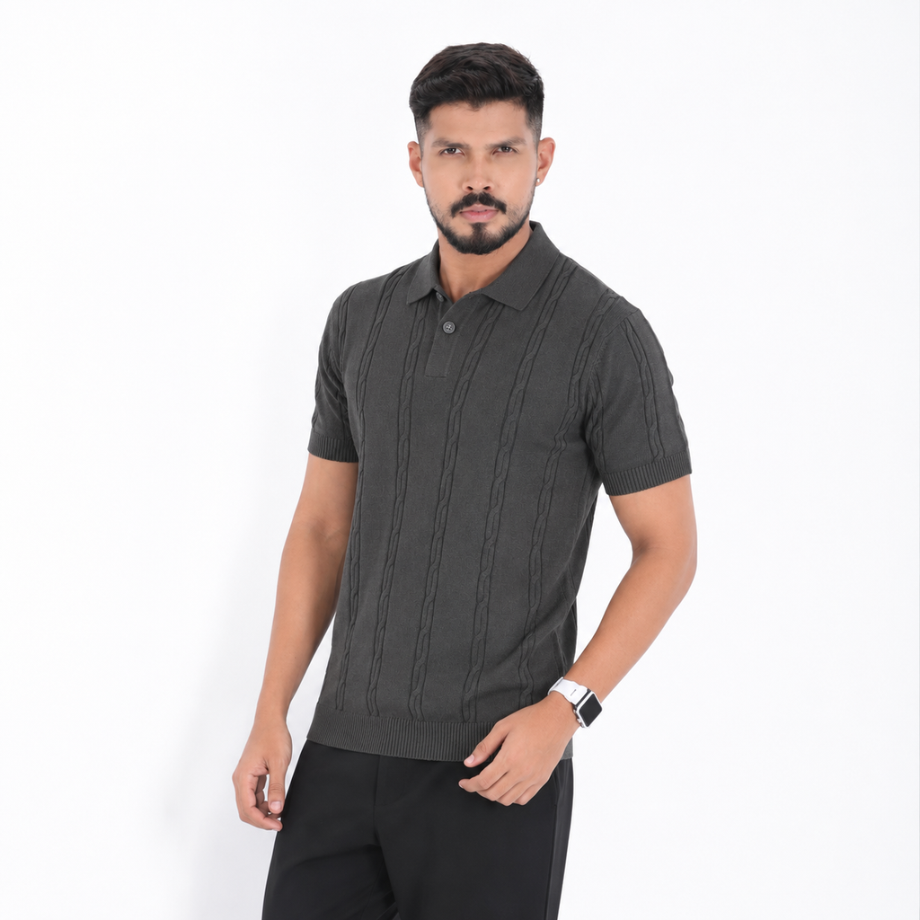 Men’s Premium Old Money Knit Polo Shirt – Charcoal Grey