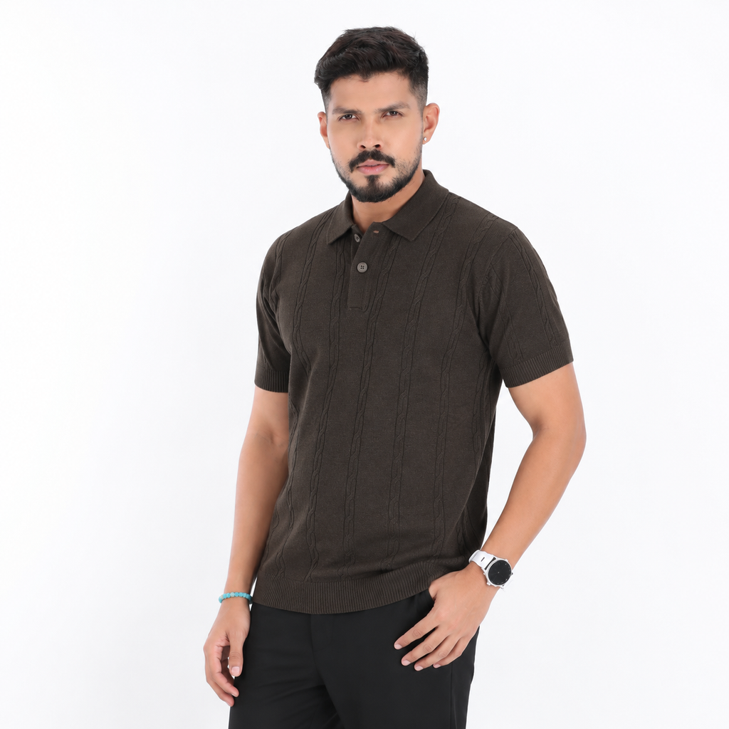 Men’s Premium Old Money Knit Polo Shirt – Espresso Brown
