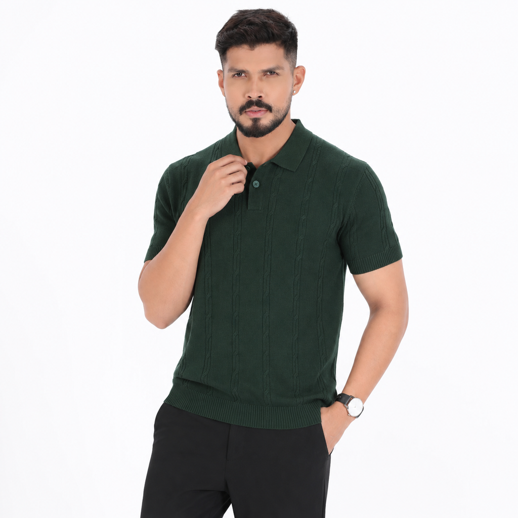 Men’s Premium Old Money Knit Polo Shirt – Deep Forest Green