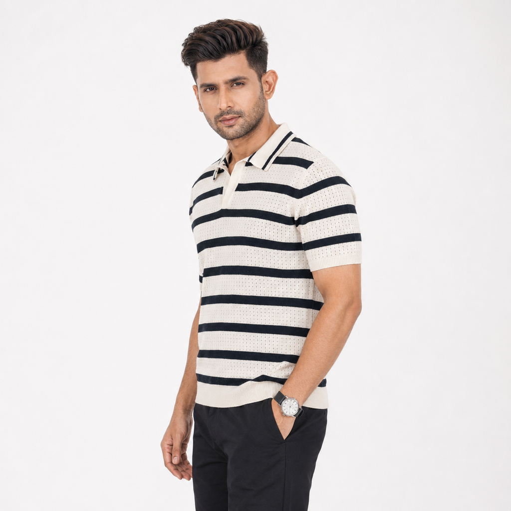 Men’s Premium Old Money Knit Polo Shirt - Ivory Black Stripe
