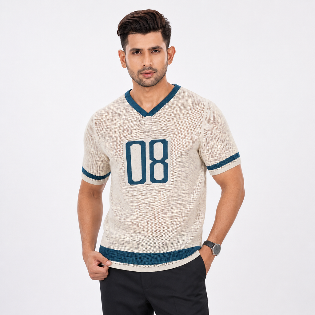 Men’s Premium Old Money V-Neck Knit Polo Shirt - Pearl Beige 08