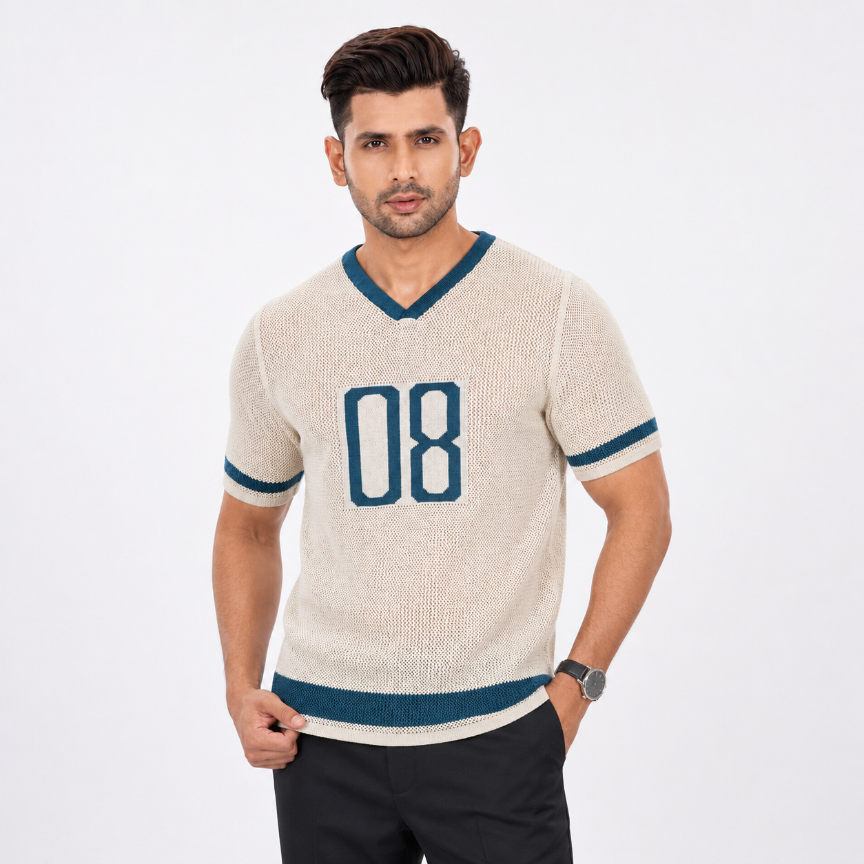 Men’s Premium Old Money V-Neck Knit Polo Shirt - Pearl Beige 08