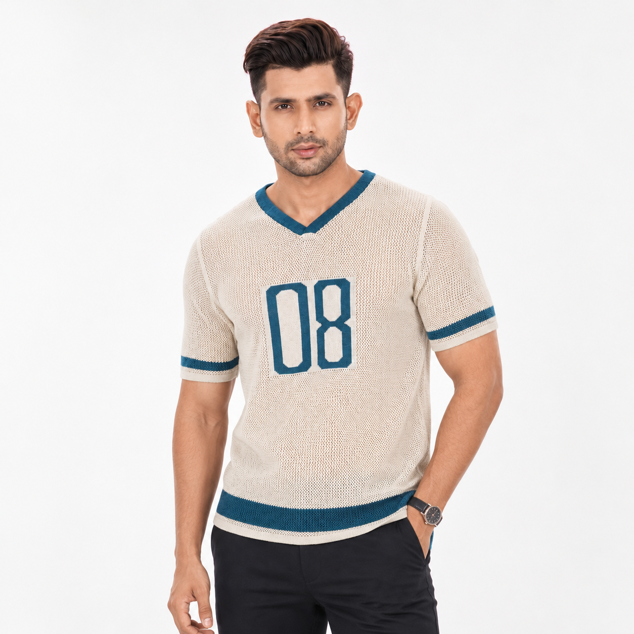 Men’s Premium Old Money V-Neck Knit Polo Shirt - Pearl Beige 08