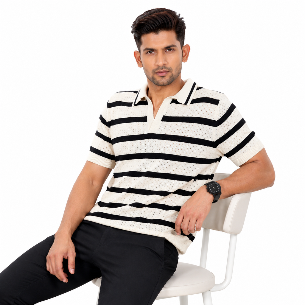 Men’s Premium Old Money Knit Polo Shirt - Ivory Black Stripe