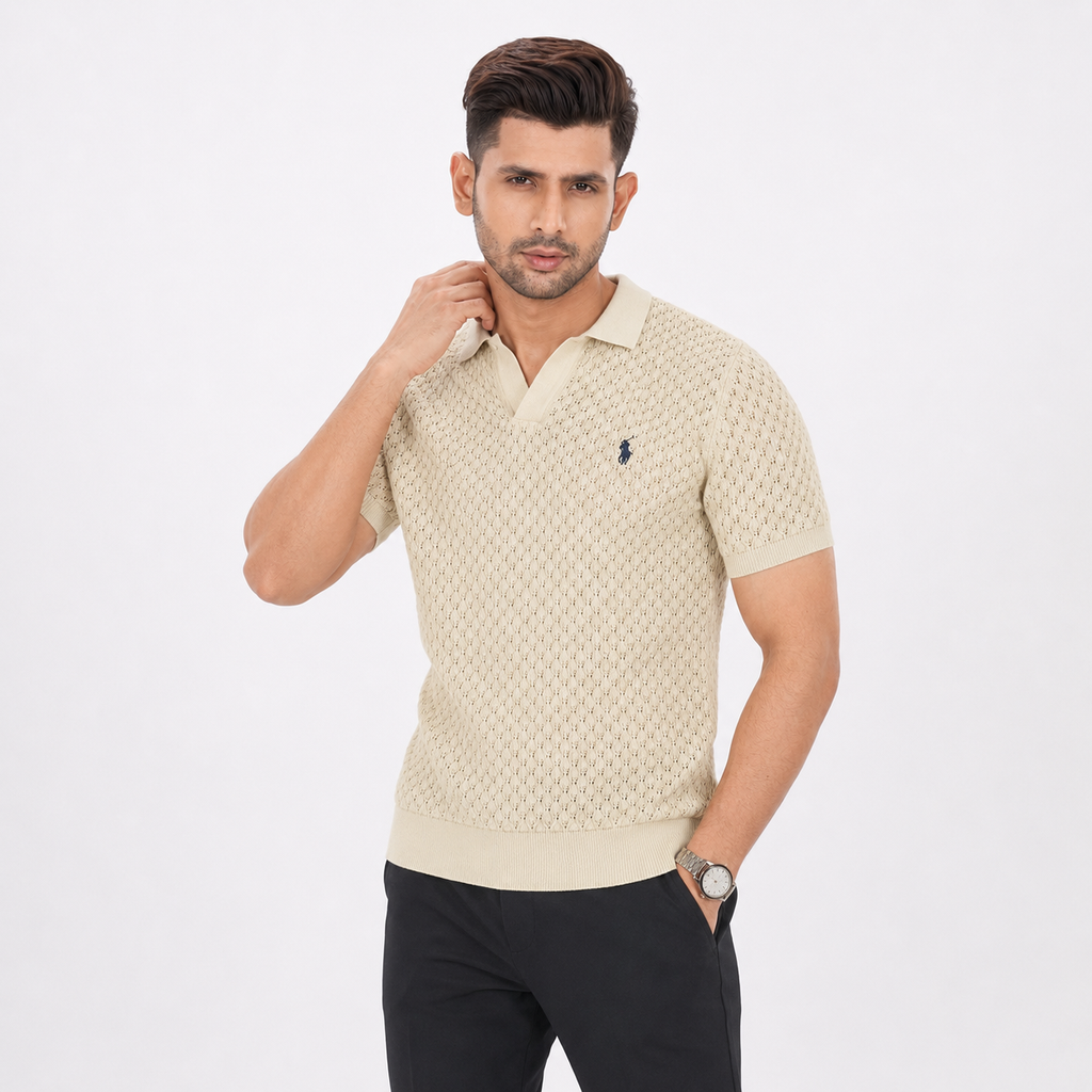 Men’s Premium Old Money Knit Polo Shirt - Pearl Beige