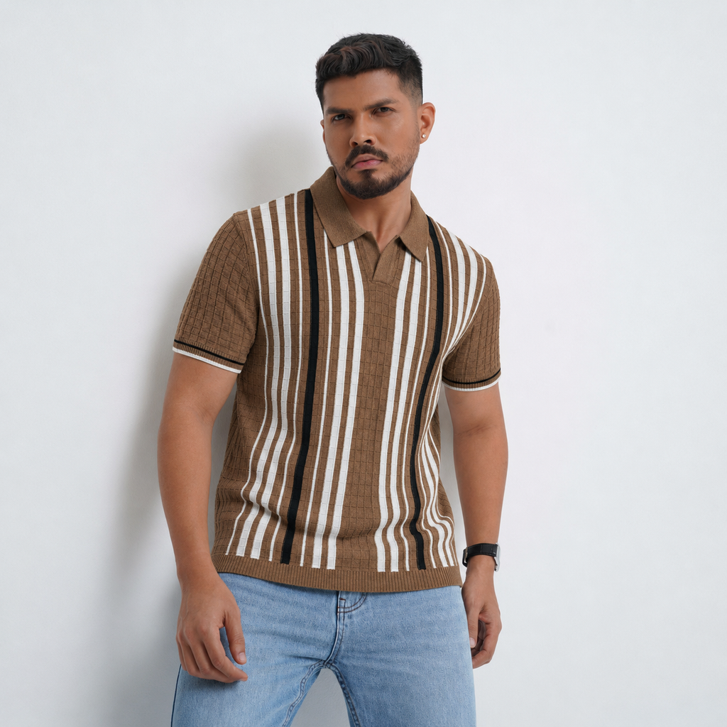 Men’s Premium Old Money Stripe Knit Polo - Caramel Brown