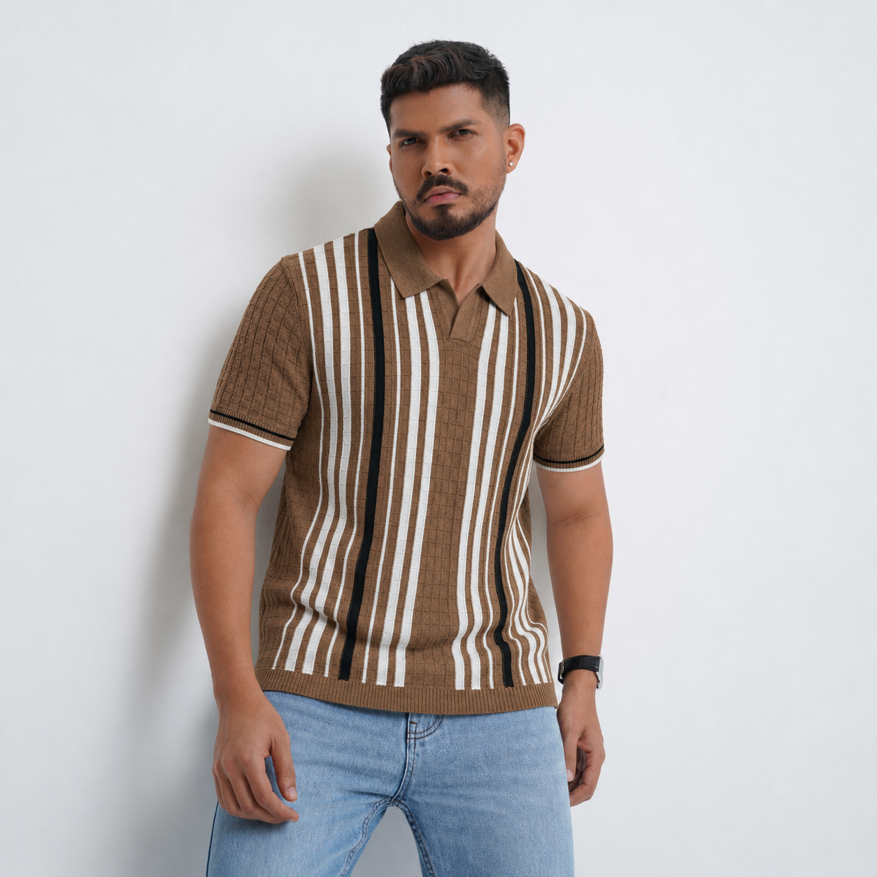 Men’s Premium Old Money Stripe Knit Polo - Caramel Brown