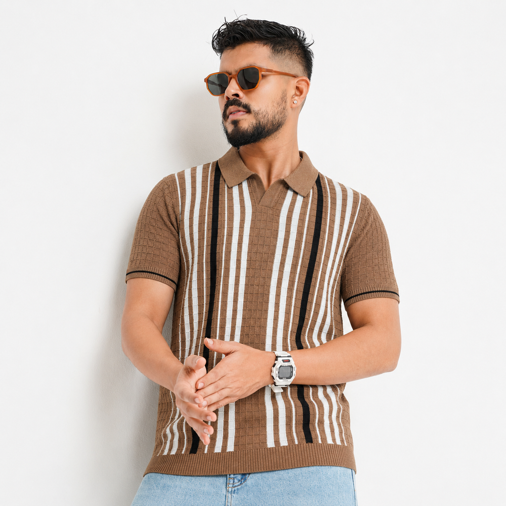 Men’s Premium Old Money Stripe Knit Polo - Caramel Brown