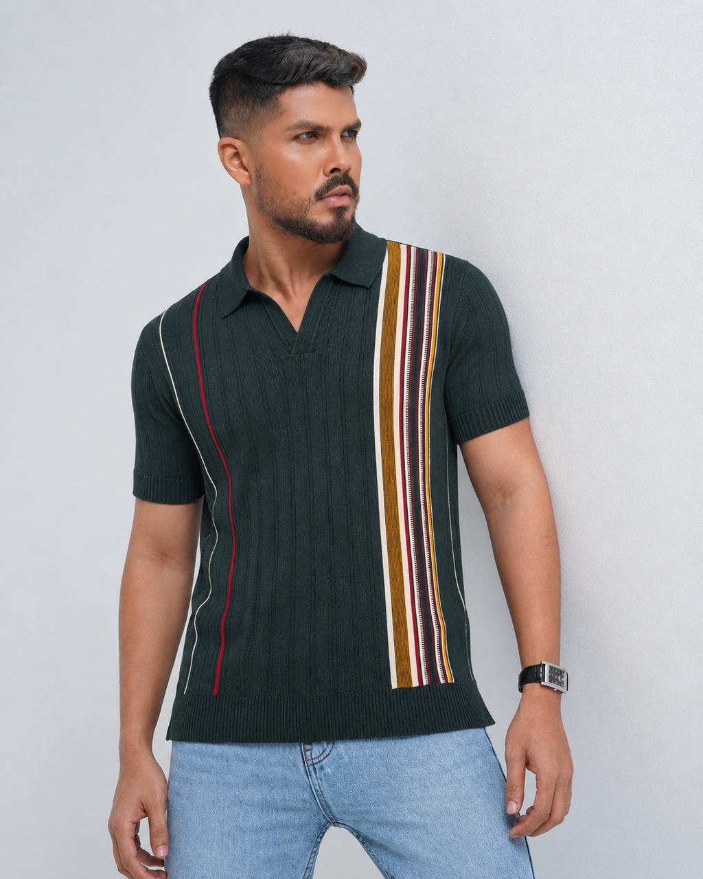 Men’s Premium Old Money Knit Polo Shirt – Heritage Green Stripe