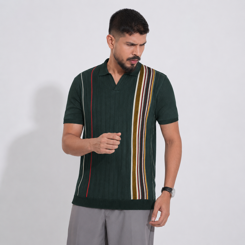 Men’s Premium Old Money Knit Polo Shirt – Heritage Green Stripe
