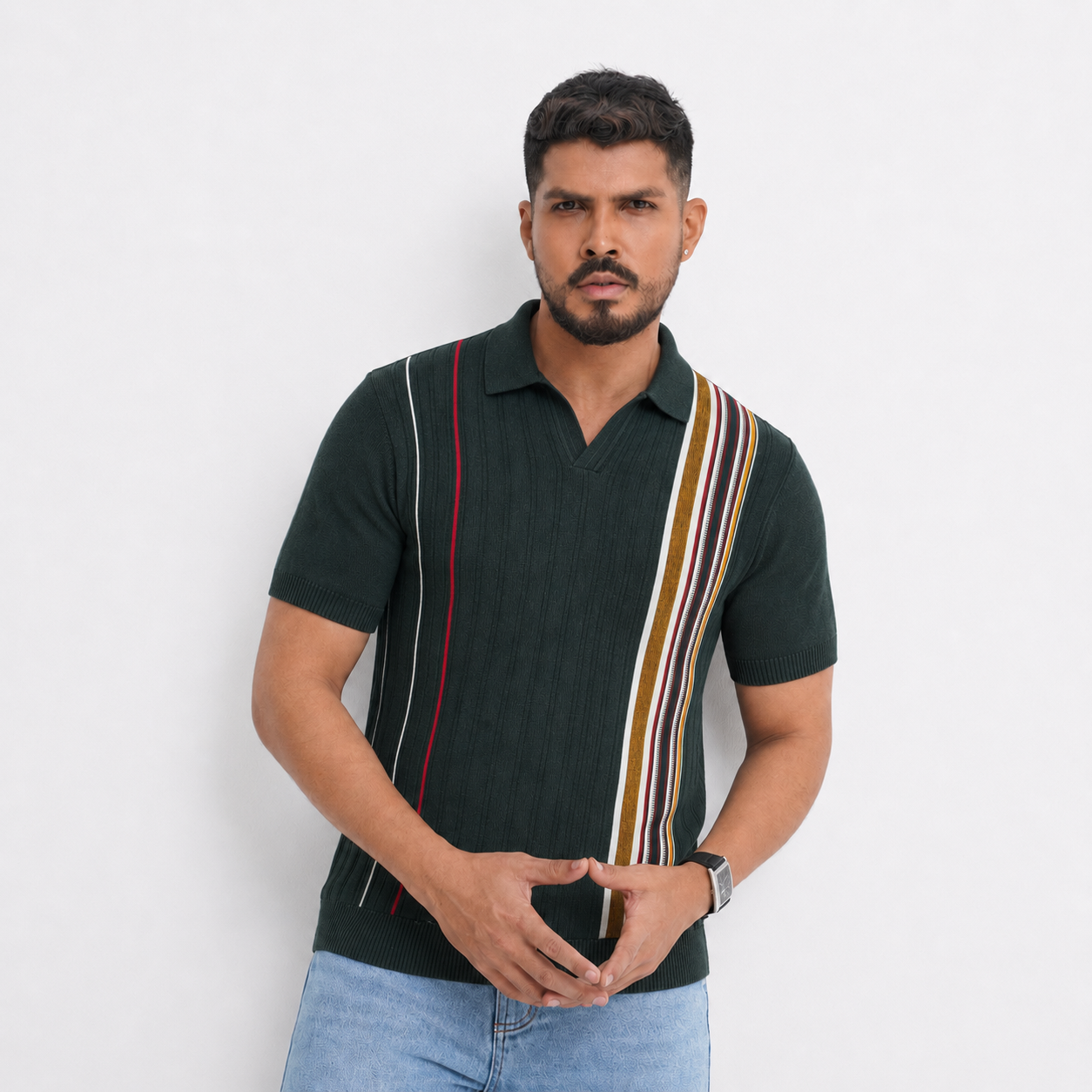 Men’s Premium Old Money Knit Polo Shirt – Heritage Green Stripe