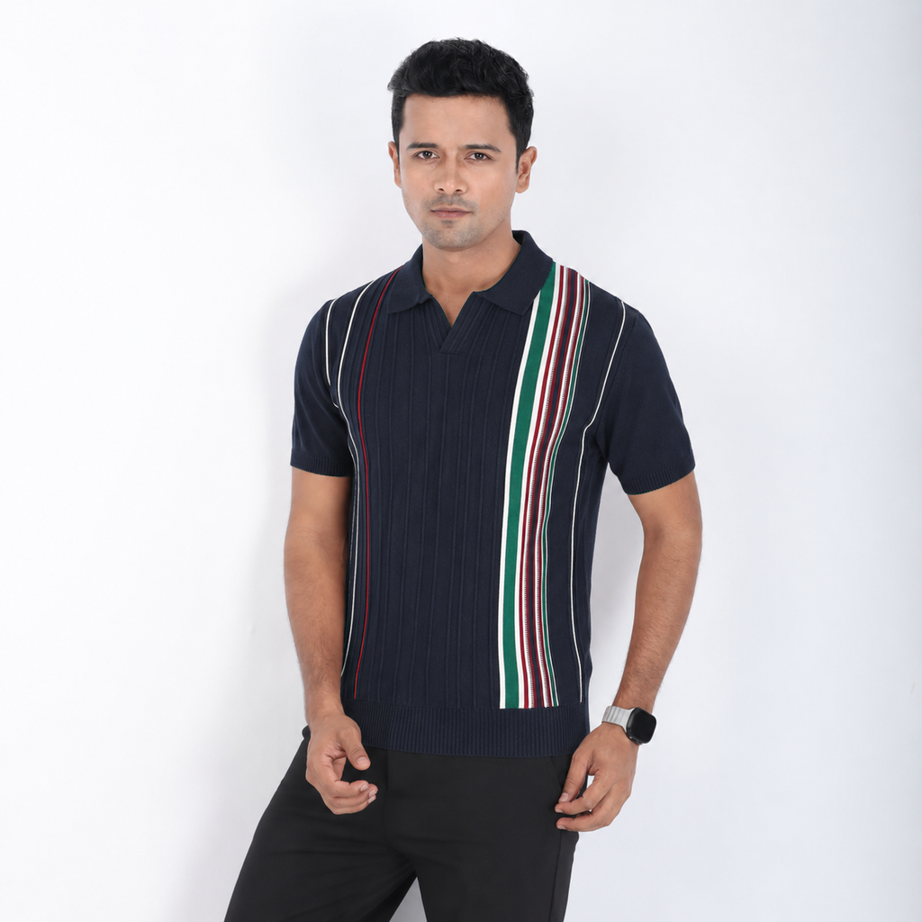 Men’s Premium Old Money Stripe Knit Polo - Deep Navy