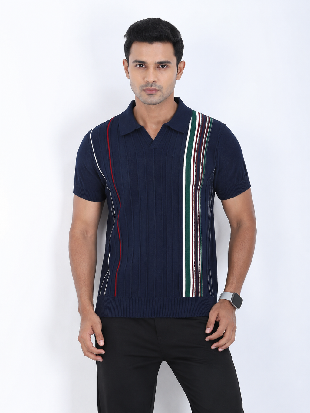 Men’s Premium Old Money Stripe Knit Polo - Deep Navy