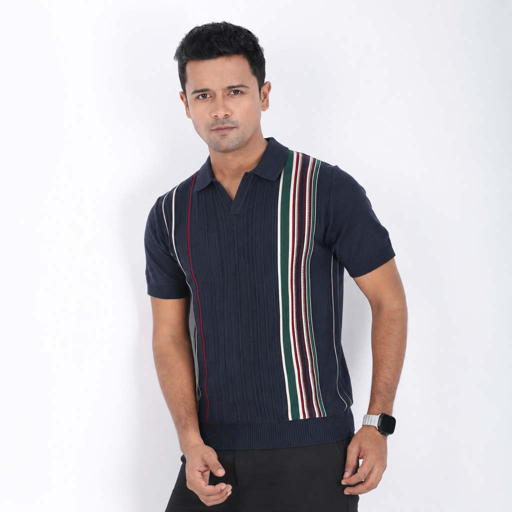 Men’s Premium Old Money Stripe Knit Polo - Deep Navy