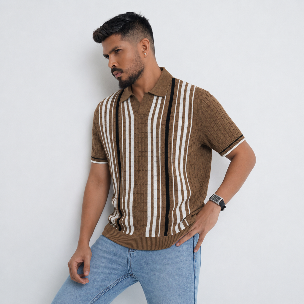 Men’s Premium Old Money Stripe Knit Polo - Caramel Brown