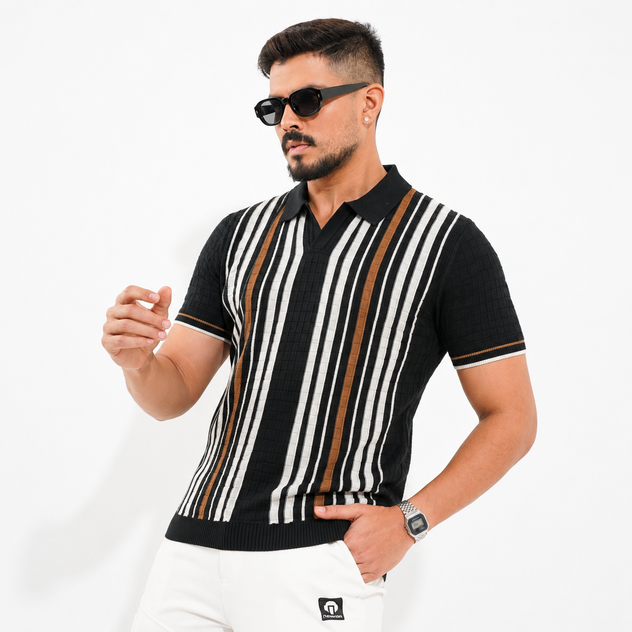 Men’s Premium Old Money Stripe Knit Polo - Black
