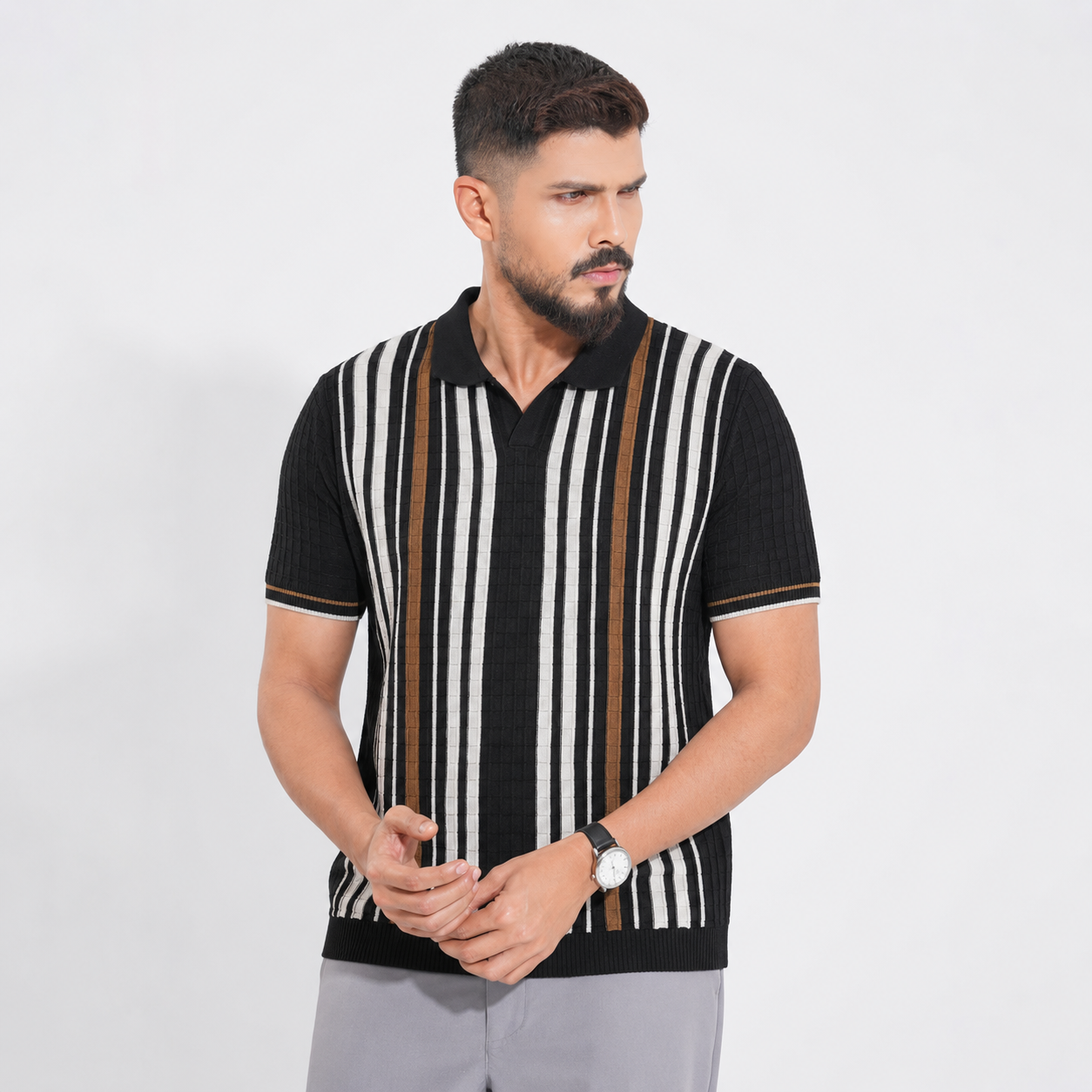 Men’s Premium Old Money Stripe Knit Polo - Black