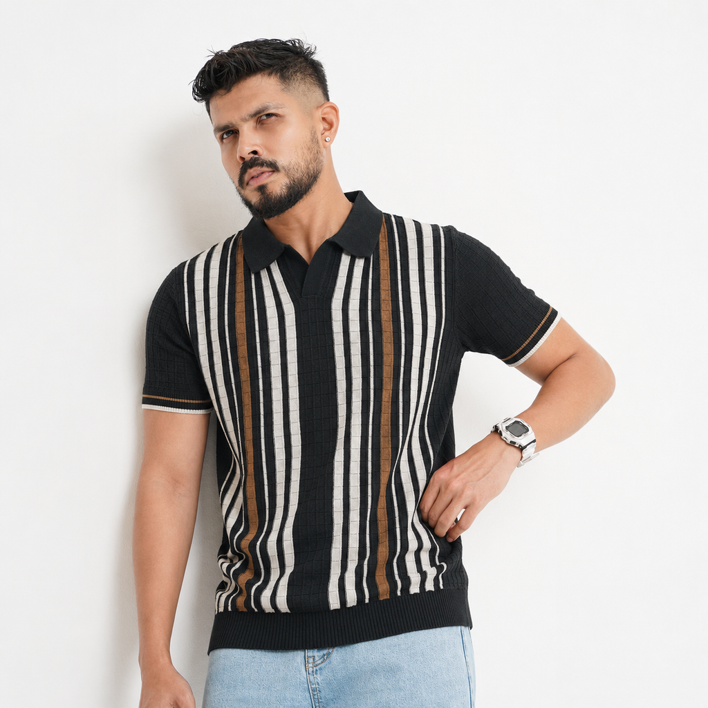 Men’s Premium Old Money Stripe Knit Polo - Black