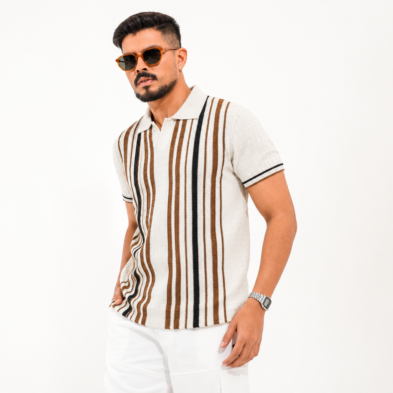 Men’s Premium Old Money Stripe Knit Polo - Ivory Cream