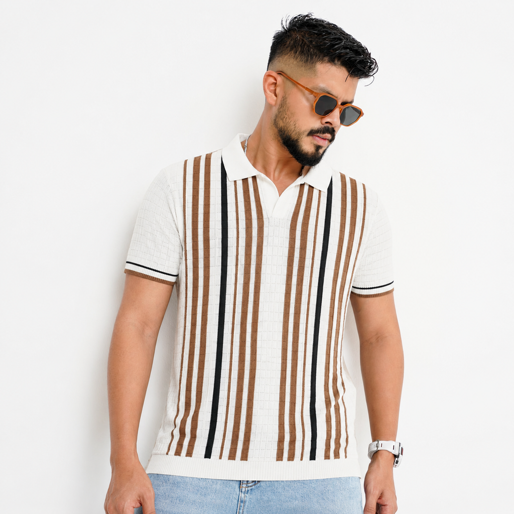 Men’s Premium Old Money Stripe Knit Polo - Ivory Cream