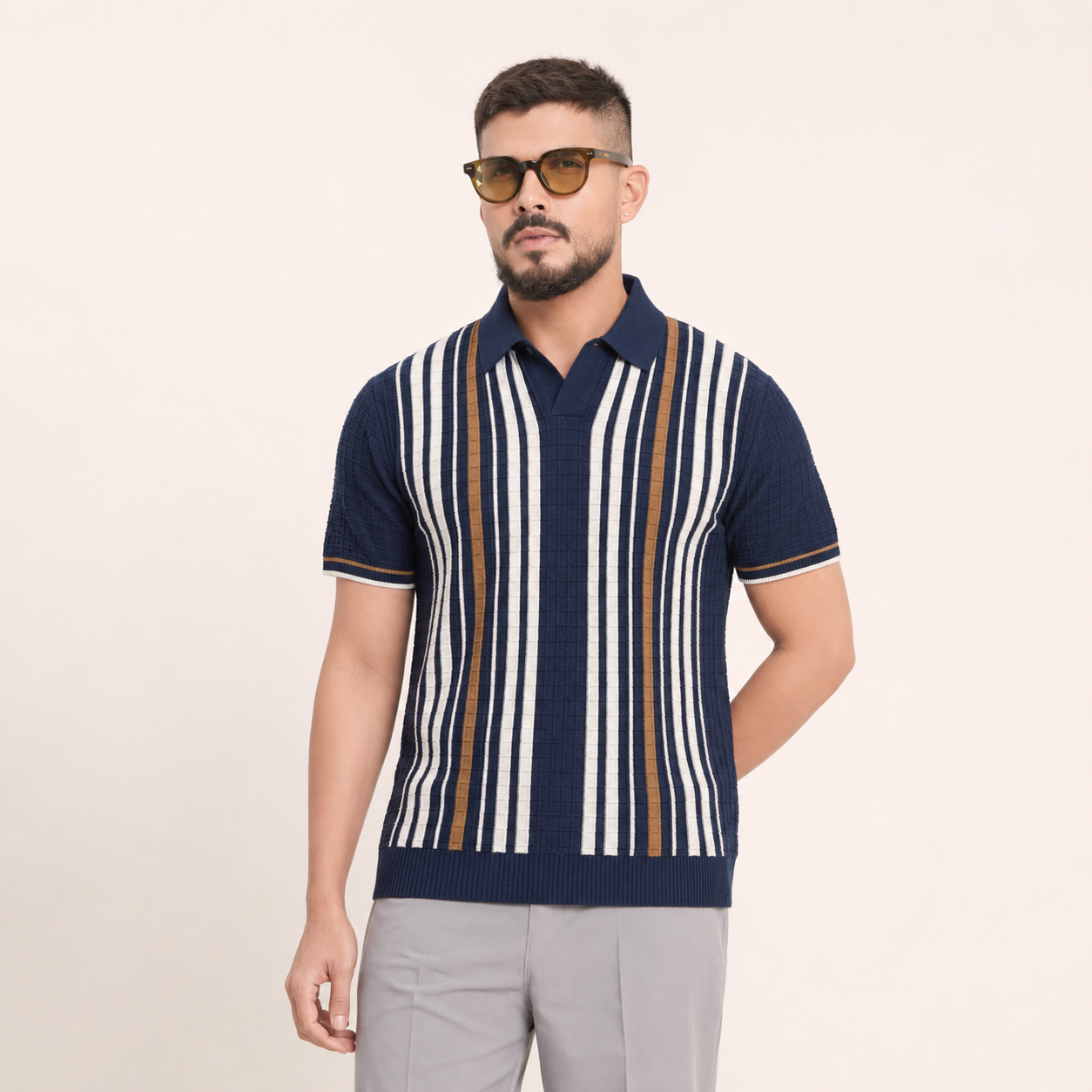 Men’s Premium Old Money Stripe Knit Polo - Navy Blue