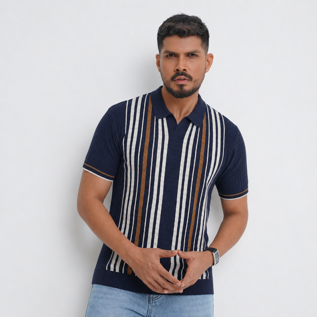 Men’s Premium Old Money Stripe Knit Polo - Navy Blue