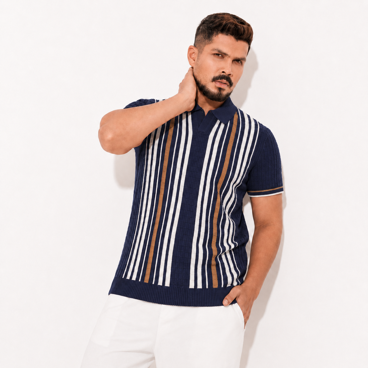 Men’s Premium Old Money Stripe Knit Polo - Navy Blue