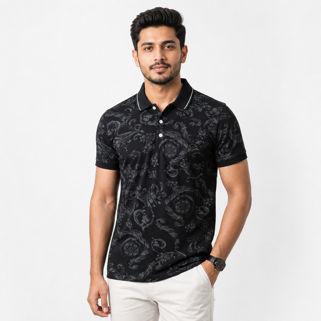 Men’s Premium Pique Cotton Polo Shirt - Black Baroque Print