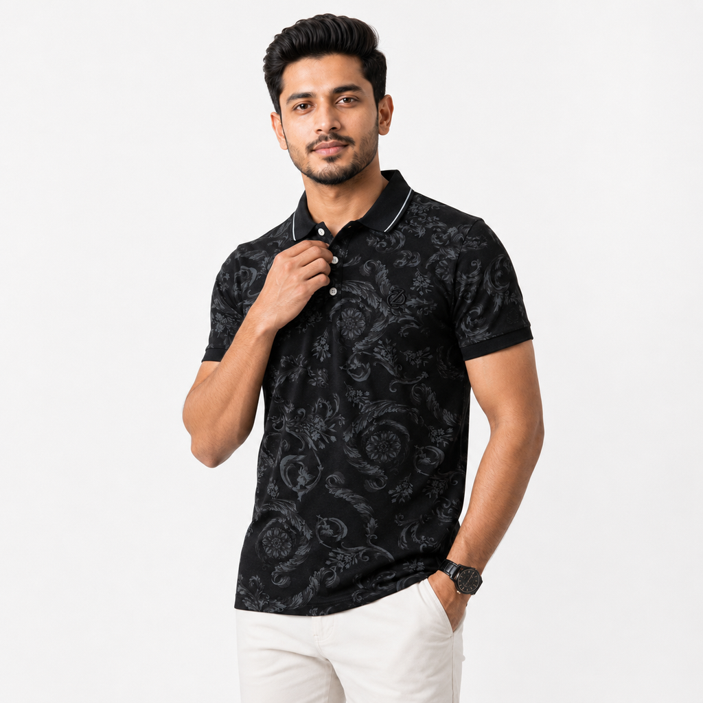 Men’s Premium Pique Cotton Polo Shirt - Black Baroque Print