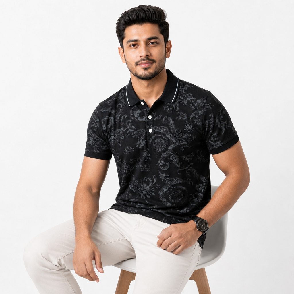 Men’s Premium Pique Cotton Polo Shirt - Black Baroque Print