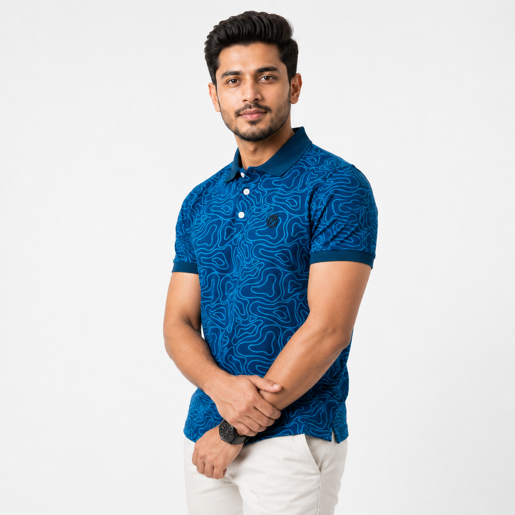 Men’s Premium Pique Cotton Polo Shirt - Ocean Blue Print