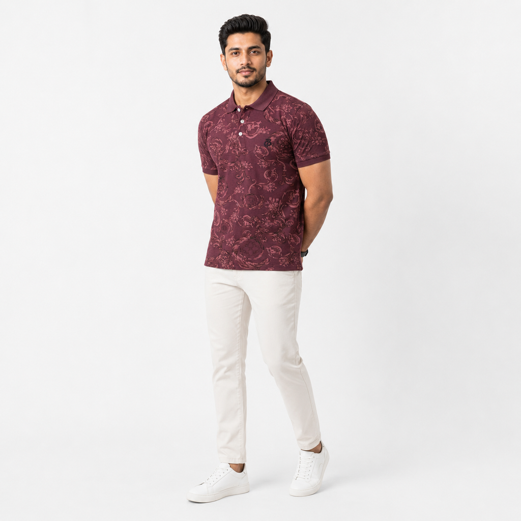 Men’s Premium Pique Cotton Polo Shirt - Burgundy Print