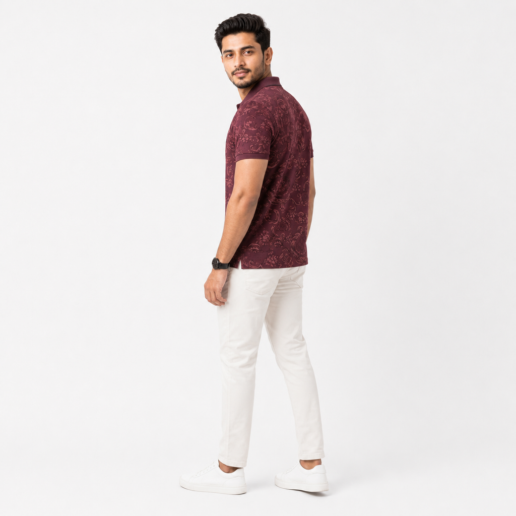 Men’s Premium Pique Cotton Polo Shirt - Burgundy Print