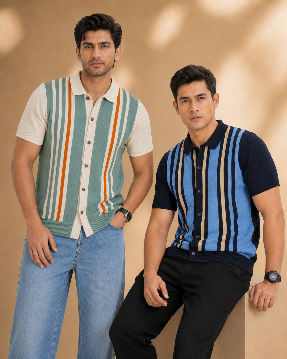 Men’s Premium Old Money Full-Button Knit Shirt – Striped Edition