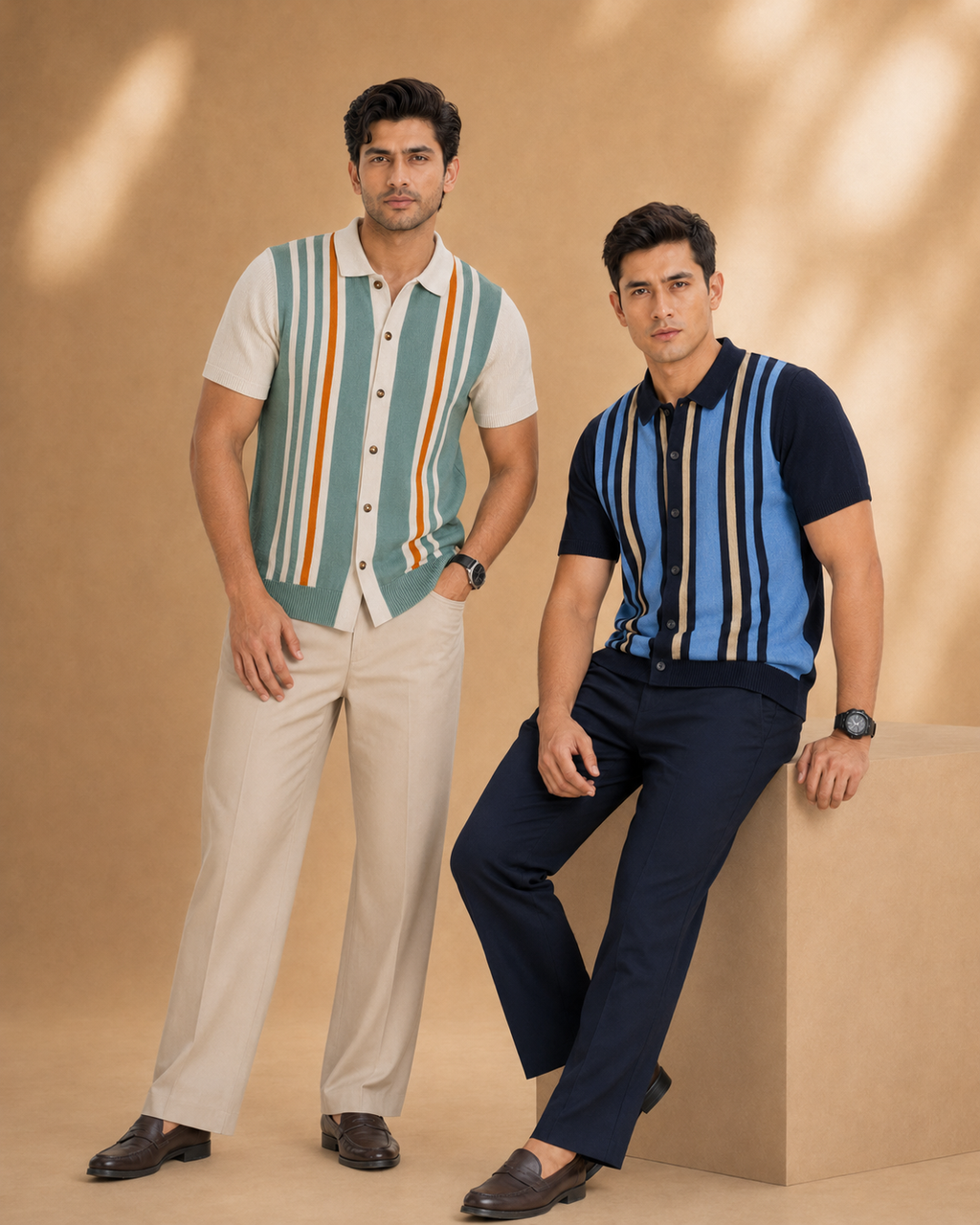 Men’s Premium Old Money Full-Button Knit Shirt – Striped Edition