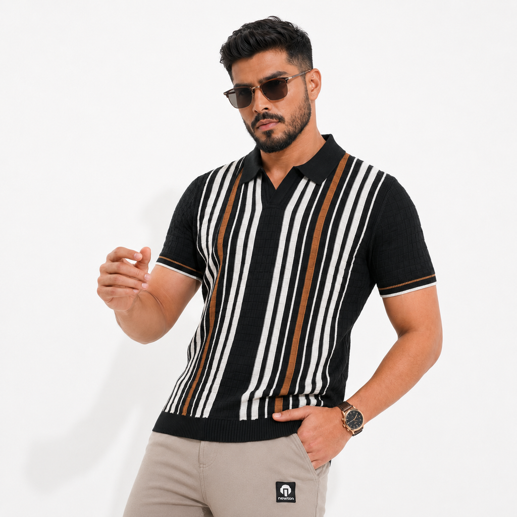 Men’s Premium Old Money Stripe Knit Polo - Black